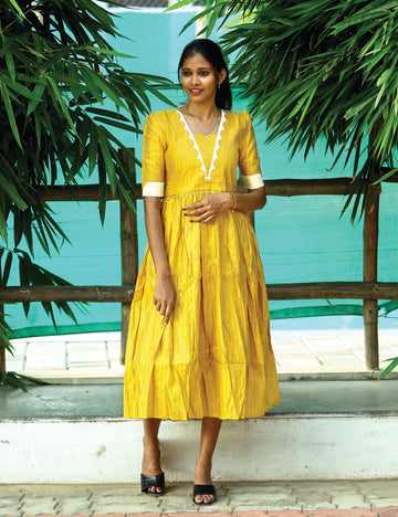 Yellow Yuvaa Raw Silk Festive Maxi Dress for Women