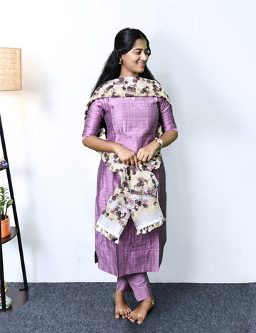 Lavender Raw Silk Kurti Set with Kota Doria Dupatta