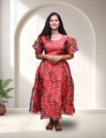 Red Floral Printed Organza Frock