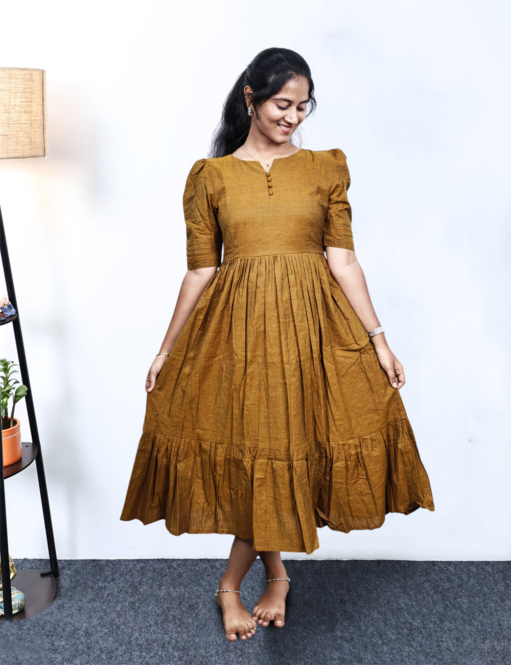 Mustard Cotton with Lurex Pinstripe Maxi Dress