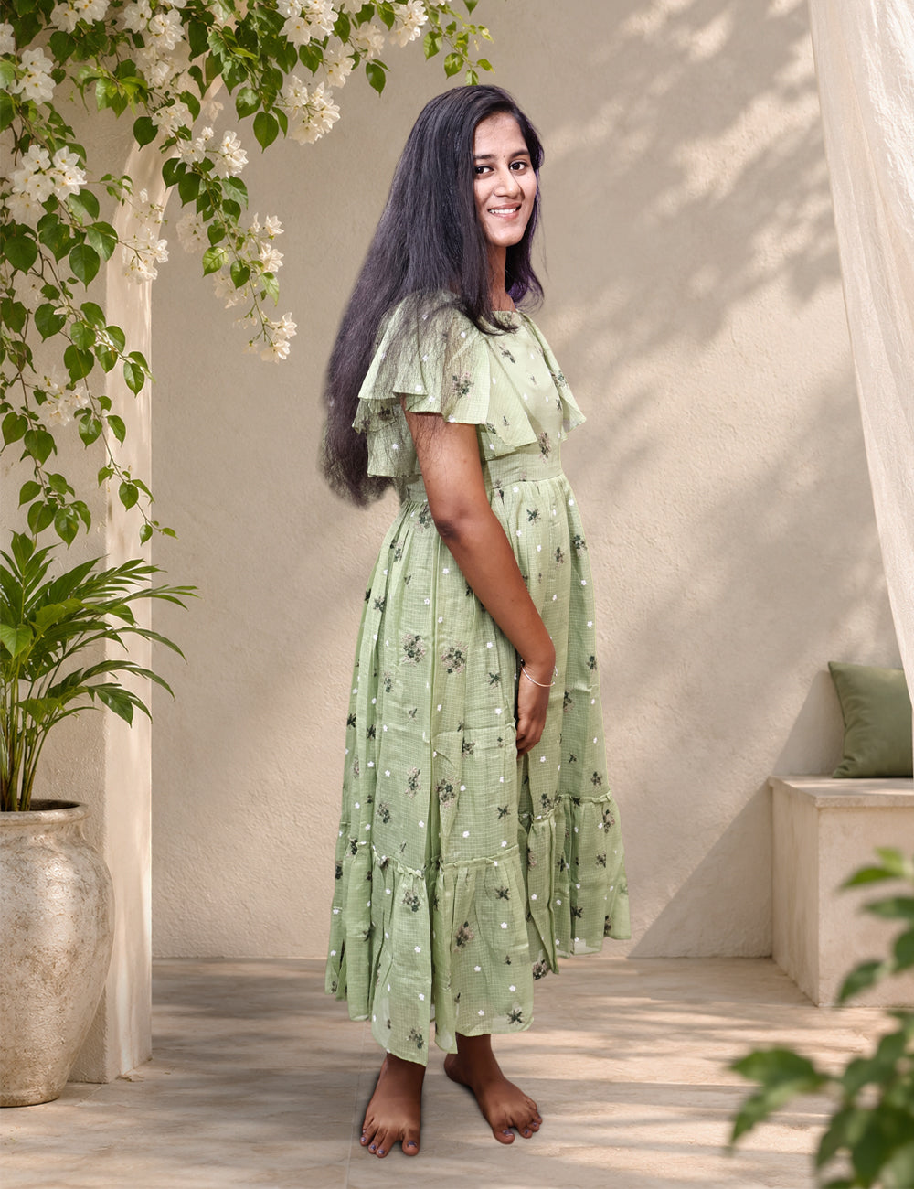 Pista Green Floral Kota Cotton Maxi Dress