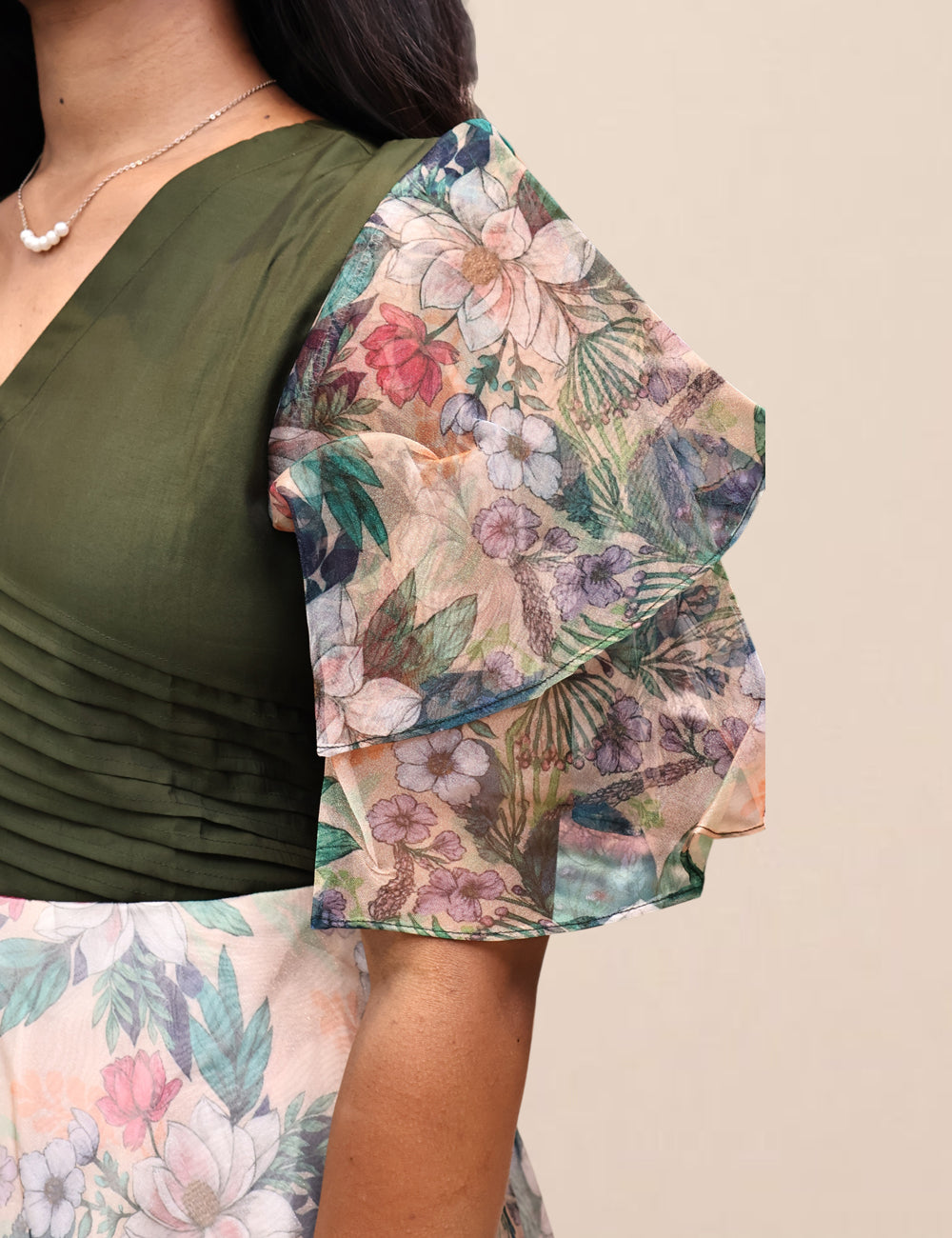 Olive Green & Floral Organza Flared Dress