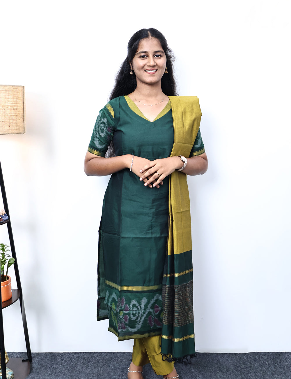 Green Pochampally Siko Silk Kurti Set with Dupatta