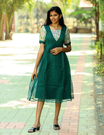 Dark Green Vihana Organza Kota Maxi Dress for Women