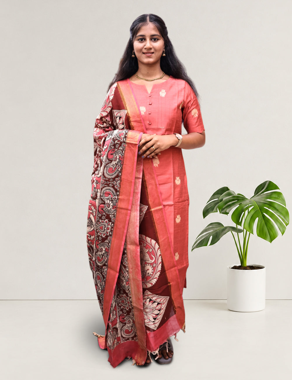 Coral Pink Raw Silk Kurti 3-Piece Set