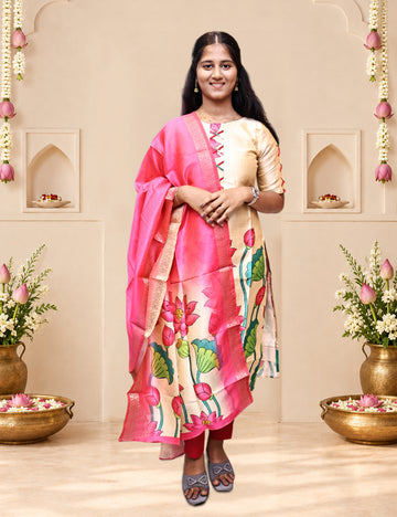 Cream & Pink Floral Silk Kurti 3-Piece Set with Dupatta
