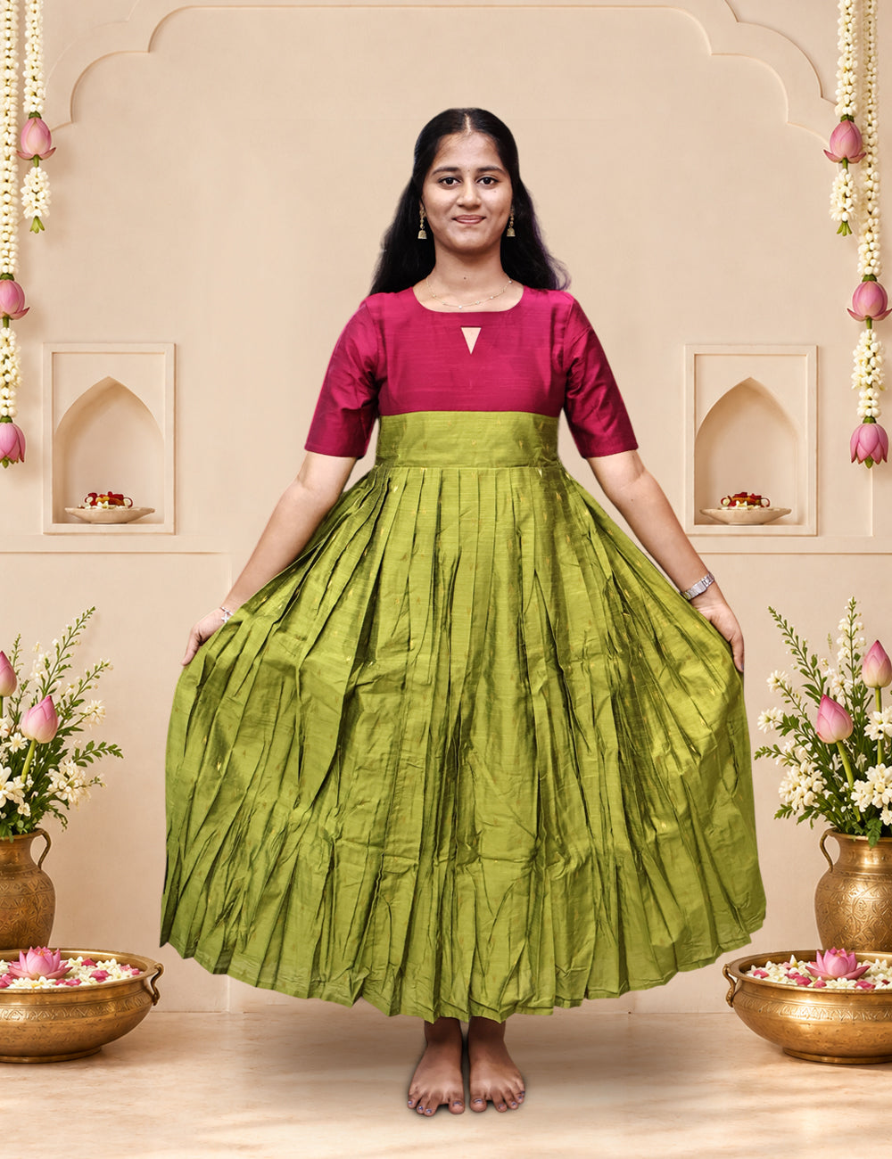 Leaf Green & Magenta Raw Silk Festive Frock