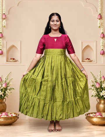 Leaf Green & Magenta Raw Silk Festive Frock
