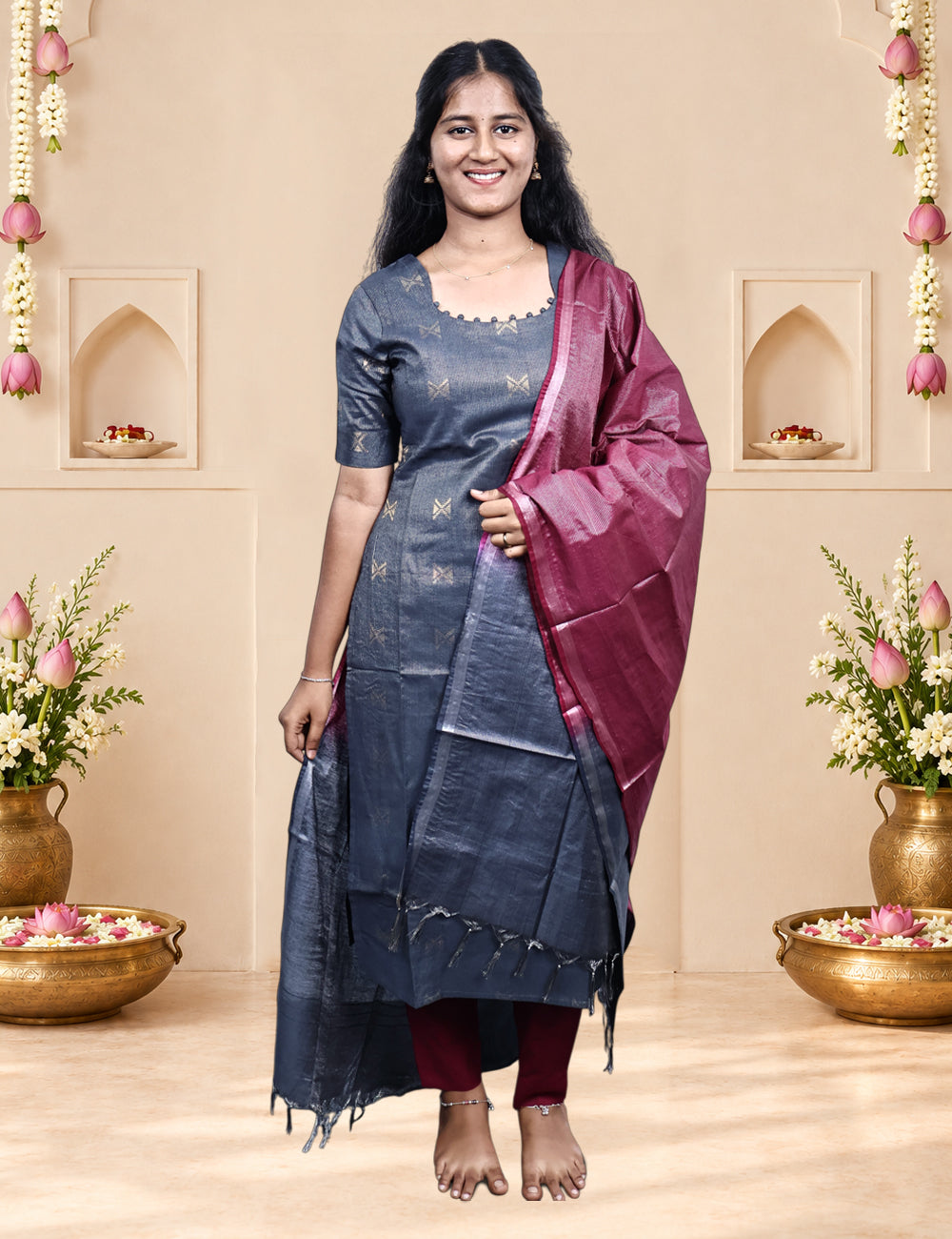 Charcoal / Maroon Tissue Banaras Kurti Set