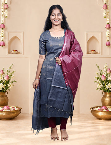 Charcoal / Maroon Tissue Banaras Kurti Set