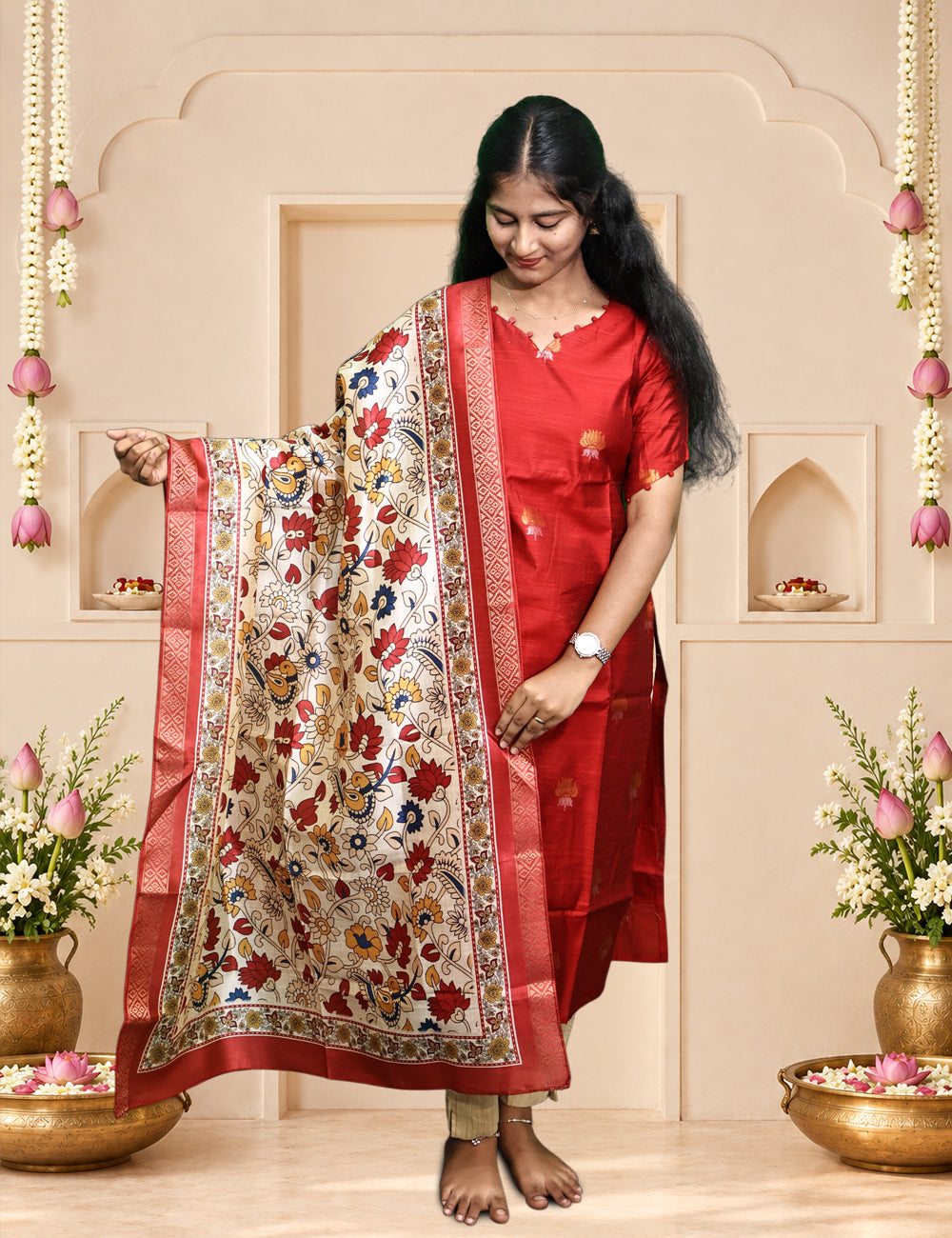 Red Raw Silk Kurti Set with Madhubani Printed Dupatta