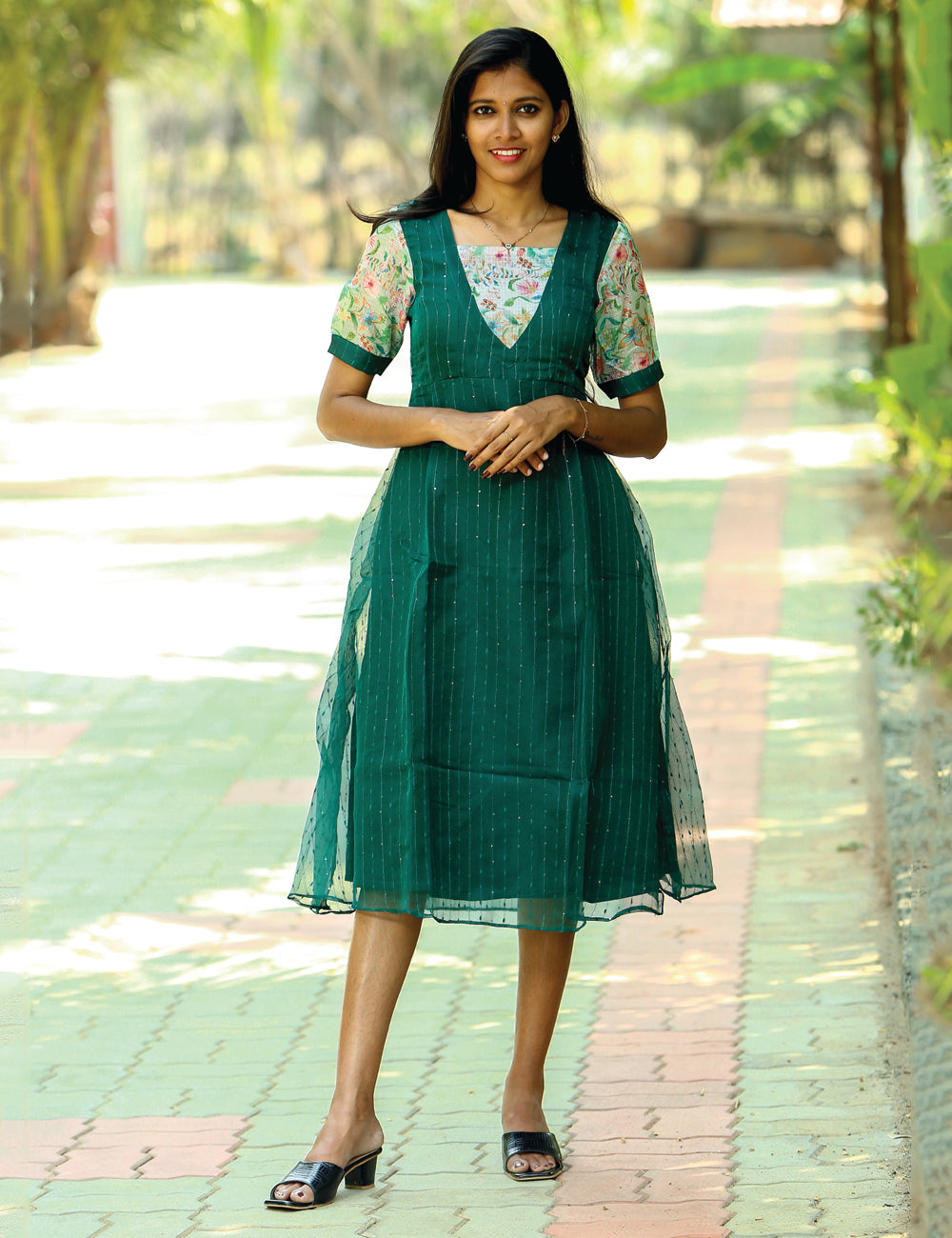 Dark Green Vihana Organza Kota Maxi Dress for Women