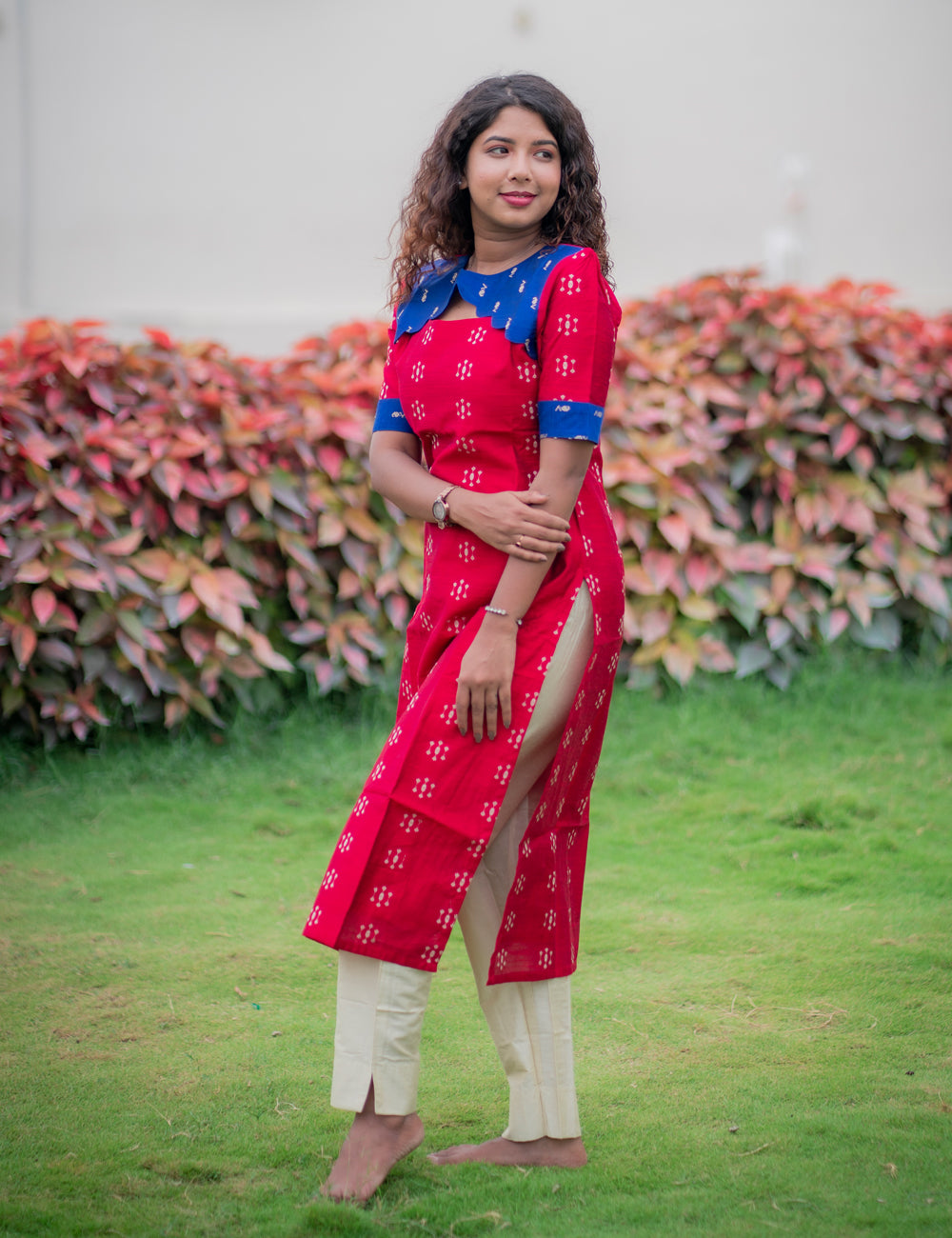 CRIMSON RED WITH ROYAL BLUE RAWSILK LAASYA KURTI SET 2PC