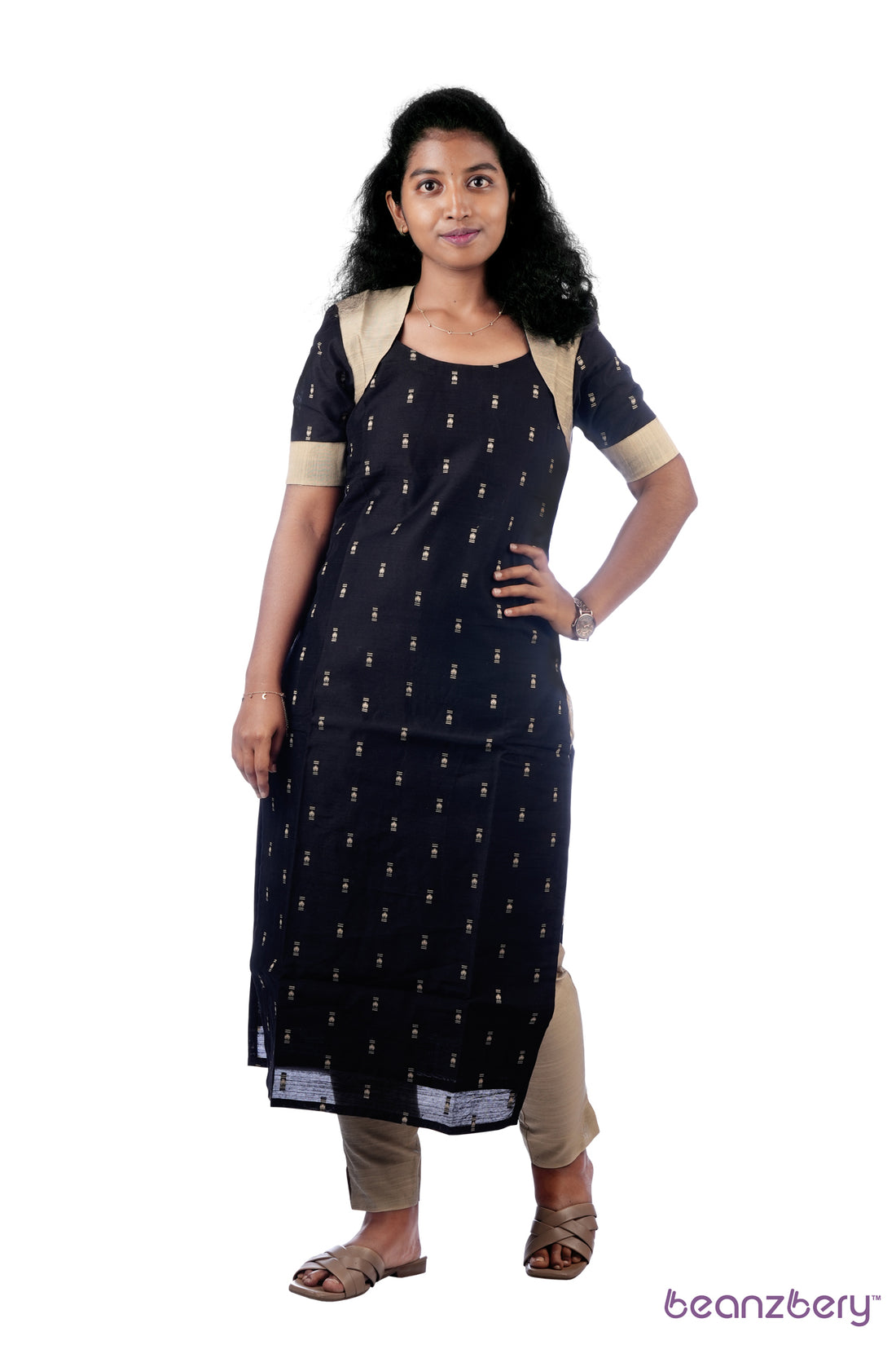 BLACK WITH GOLD RAW SILK KIARA ETHNIC KURTA SET 3PC