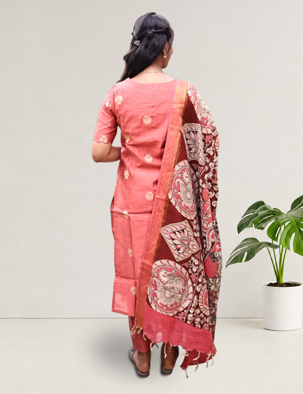 Coral Pink Raw Silk Kurti 3-Piece Set