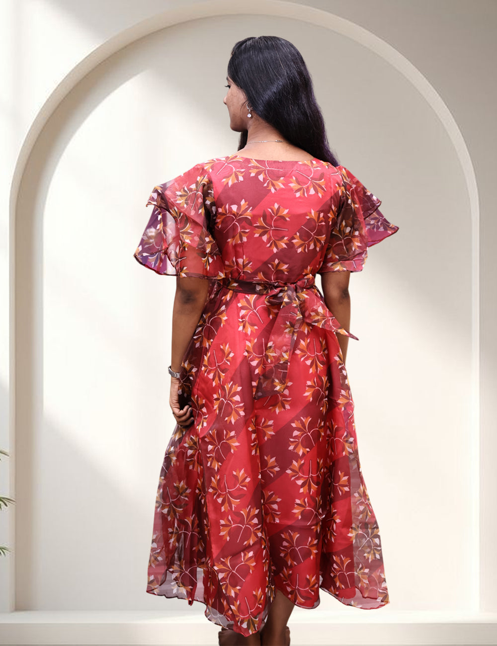 Red Floral Printed Organza Frock