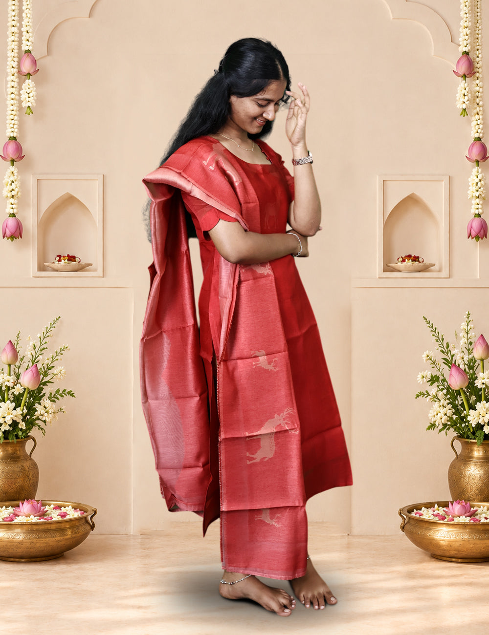 Red Deer Motif Kurti and Dupatta Set