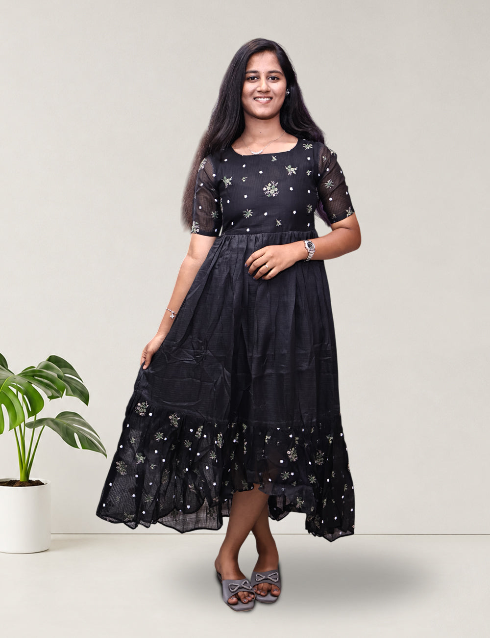 Black Embroidered Kota Flared Maxi Dress
