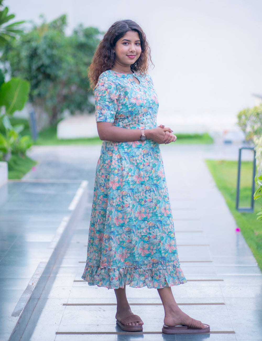 COOL GREEN FLORAL HAKOBA CHARM A LINE MAXI