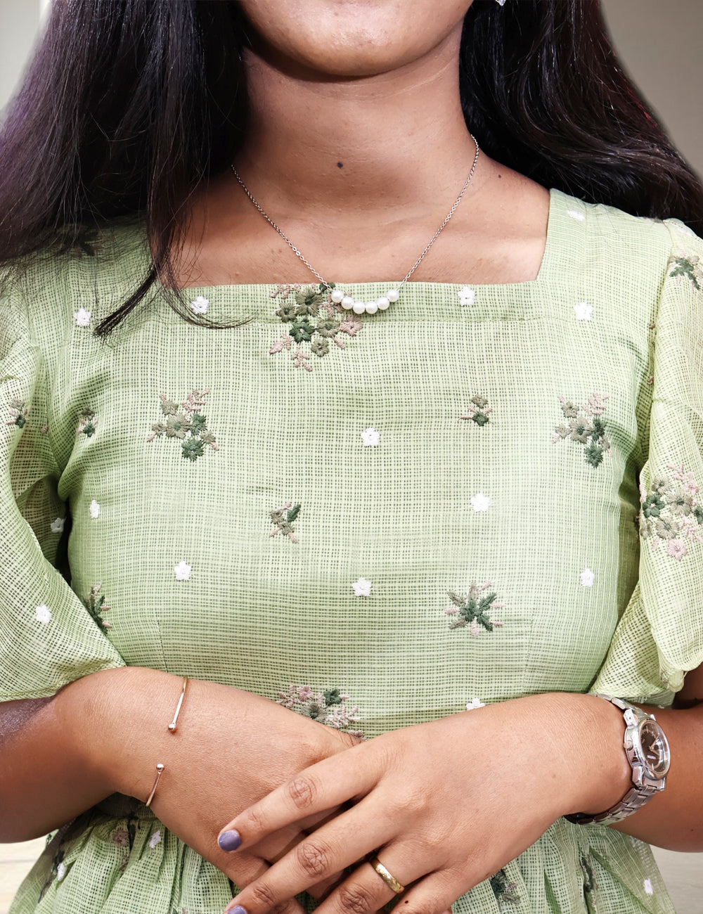 Pista Green Floral Kota Cotton Maxi Dress