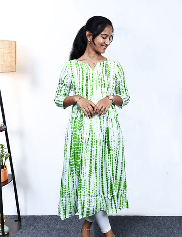 White / Green Tie-Dye A-line Kurti