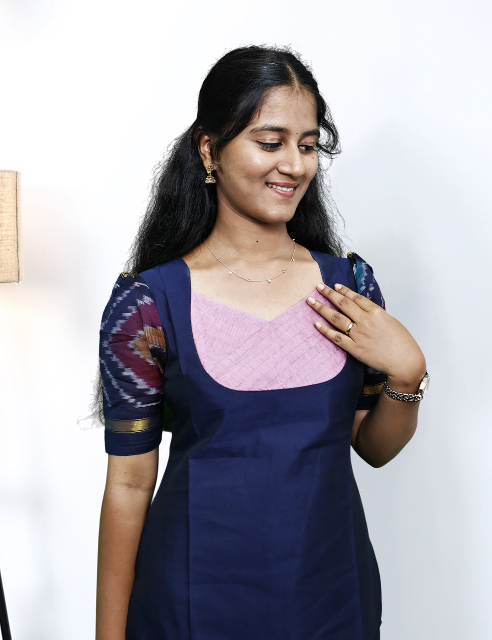 Navy Blue Pochampally Siko Silk Kurti Set with Pink Dupatta
