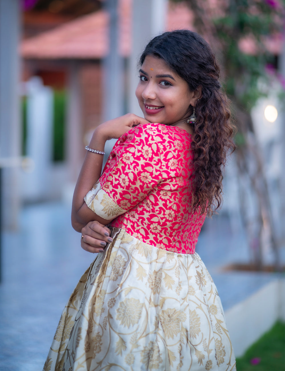 CREAM WITH RED BANARASI SHINY FULL FROCK