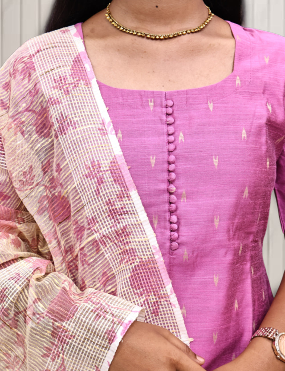 Baby Pink Raw Silk Kurti set with Kota Doria Dupatta