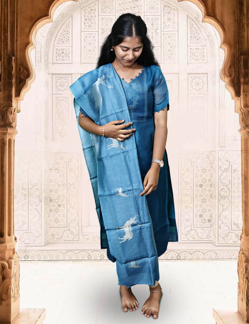 Teal Blue Deer Motif Kurti and Dupatta Set