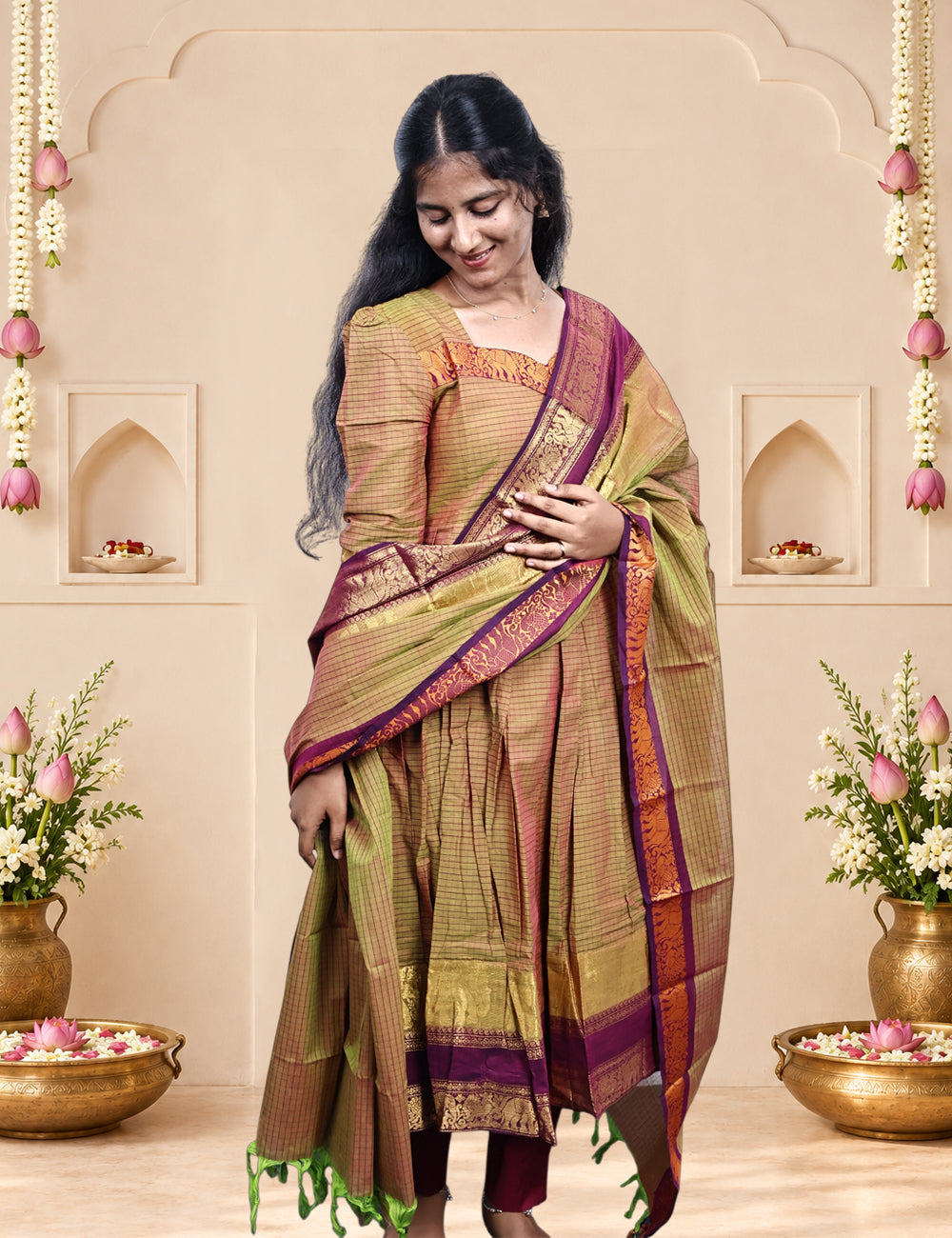 Brown Chettinad Cotton Kurti & Dupatta Set
