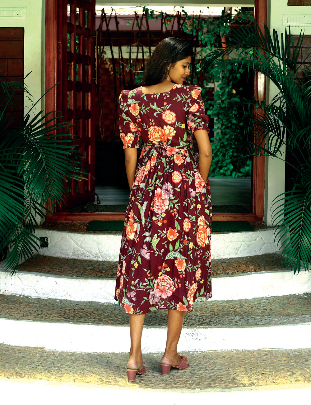Maroon Roslyn Floral Cotton Maxi Dress for Women