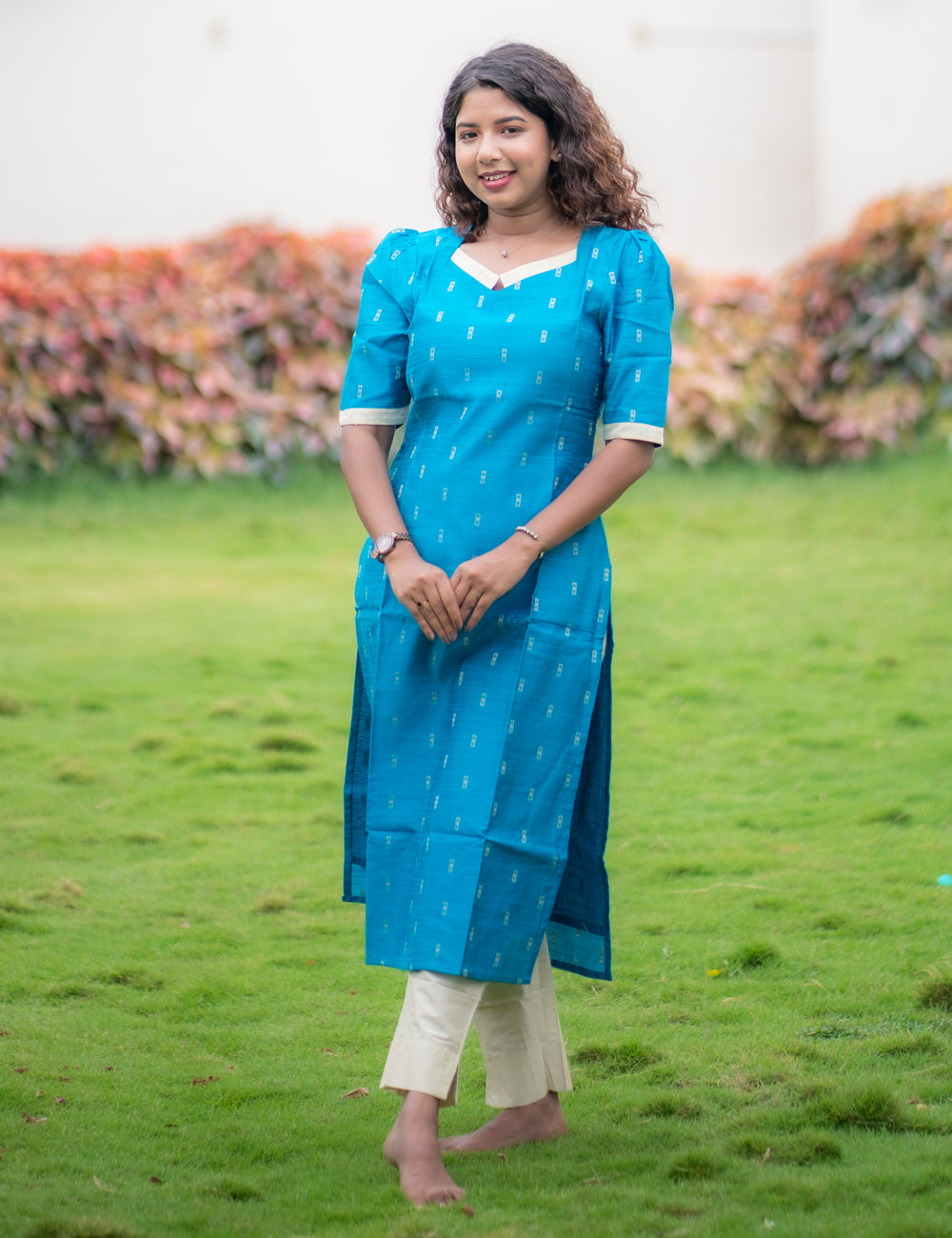TEAL BLUE RAWSILK BUTTA DIVYA KURTI SET 3 PCS