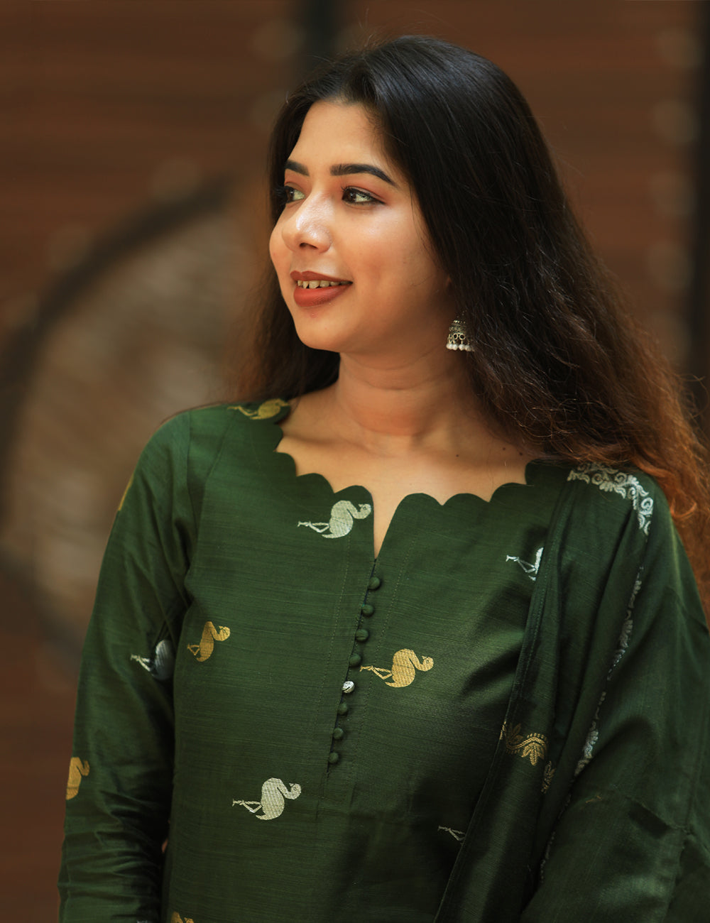 Dark Green Raw Silk Kurti Set with Woven Dupatta
