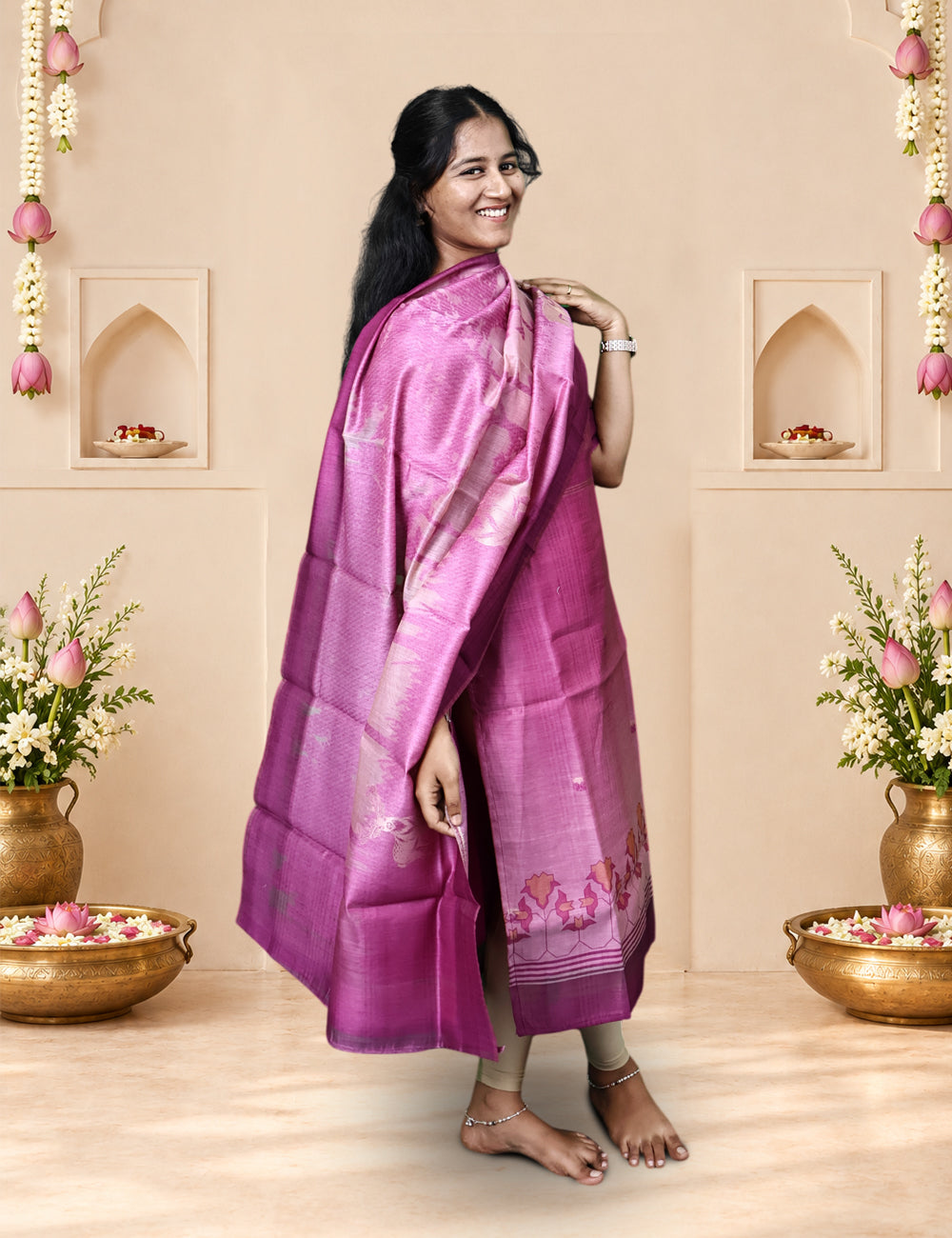 Mauve Deer Motif Kurti & Dupatta Set