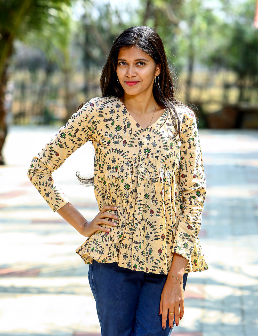 Beige Ivory Warli Kalamkari PeplumTop for Women