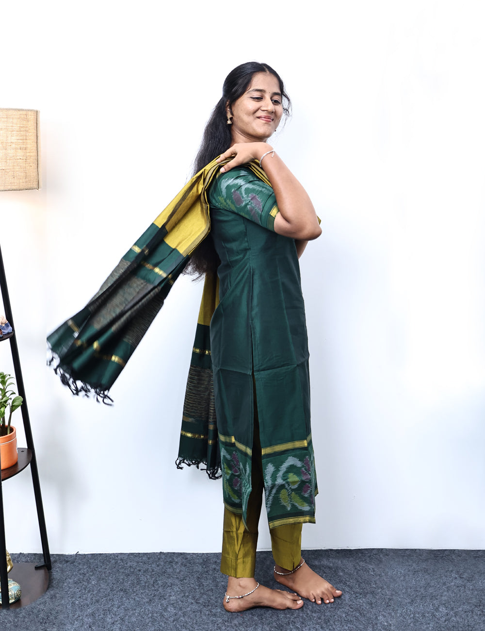 Green pochampally siko silk kurti set
