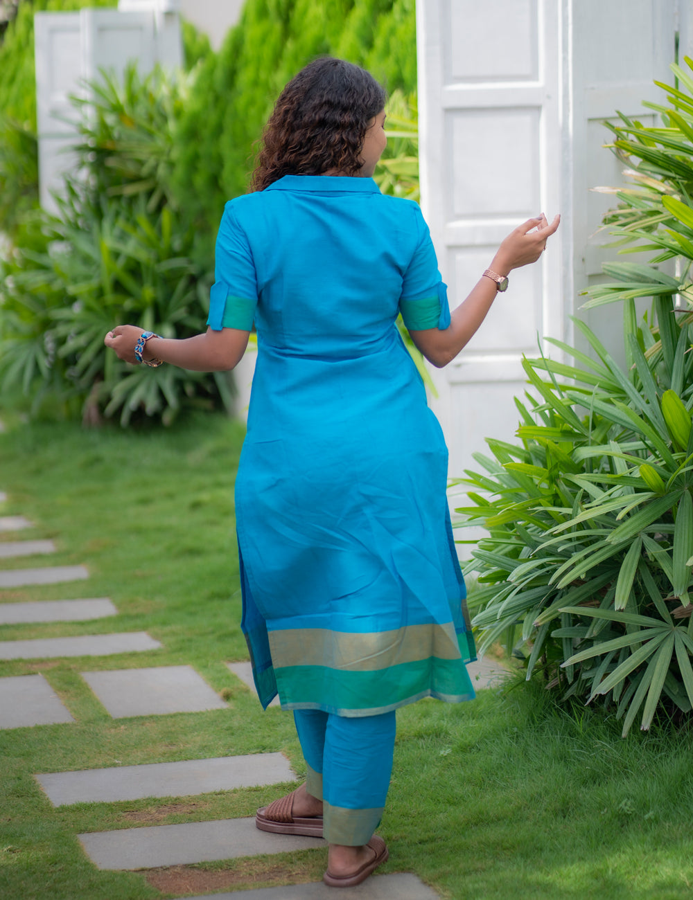 SKYBLUE PLAIN WITH ELEGANT BORDER MAYIL CO-ORD SET 2PC