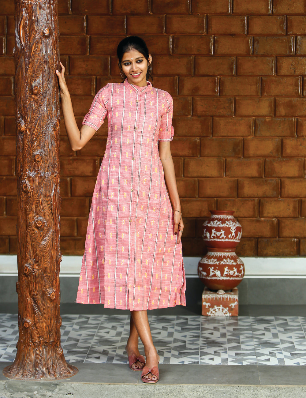 Vihana Pink Ikat Cotton A-line Dress for Women