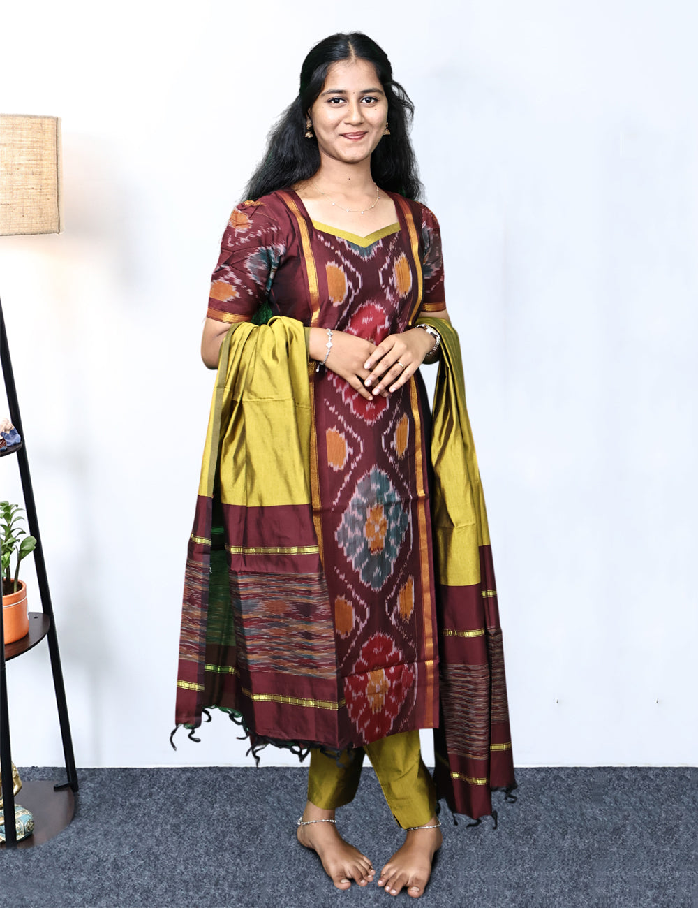 Maroon Pochampally Siko Silk Kurti Set