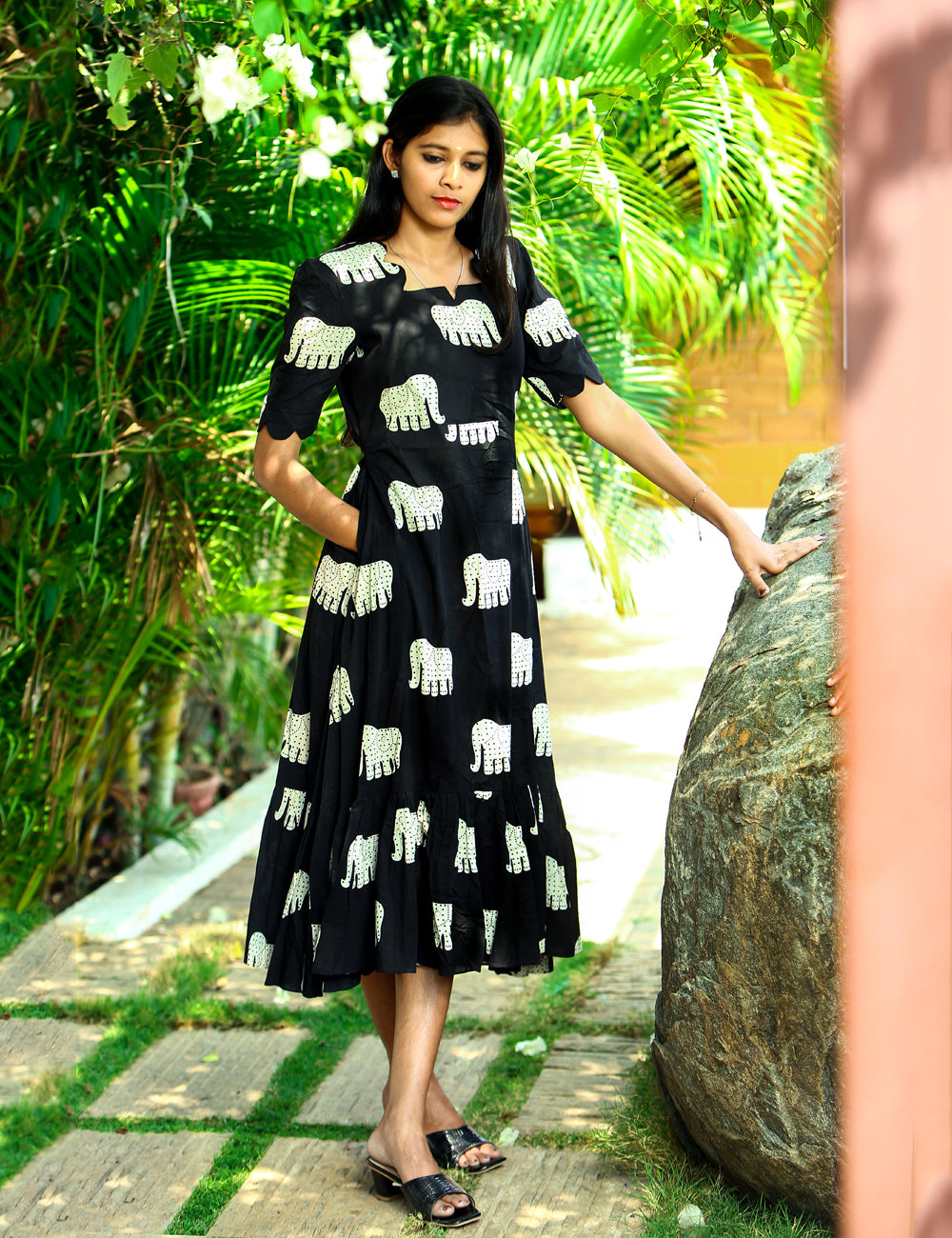 Black Elephant Print Cotton Maxi Dress for Women