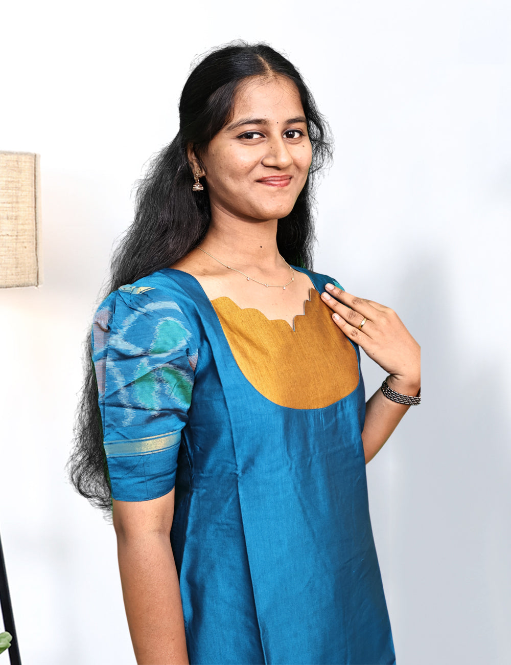 Teal blue Pochampally Siko Silk 3-Piece Kurti Set