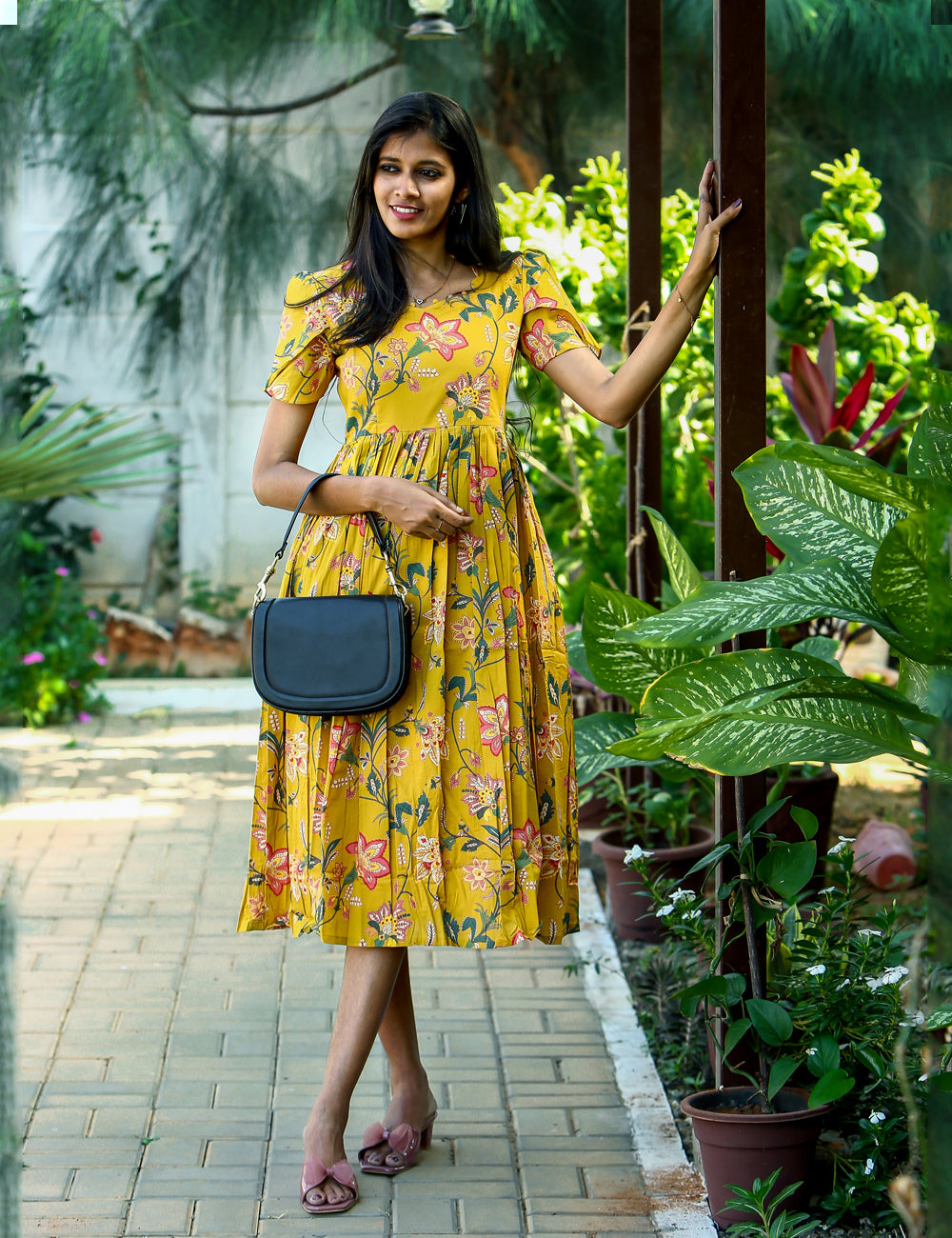 Mustard Saisha Floral Cotton Maxi Dress for Women