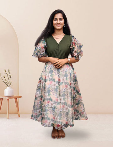 Olive Green & Floral Organza Flared Dress