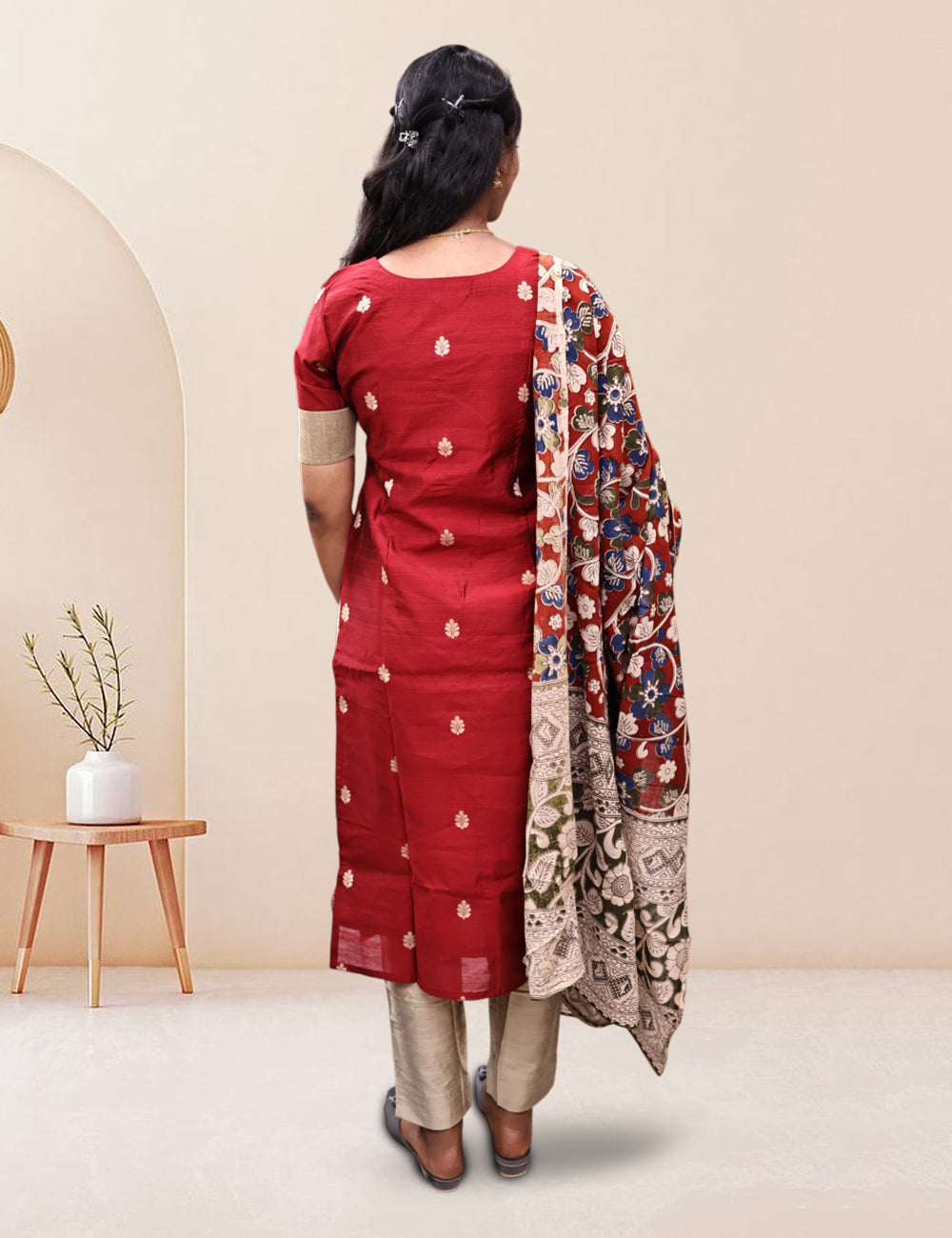 Maroon Raw Silk Kurti Set with Cotton Kalamkari Dupatta