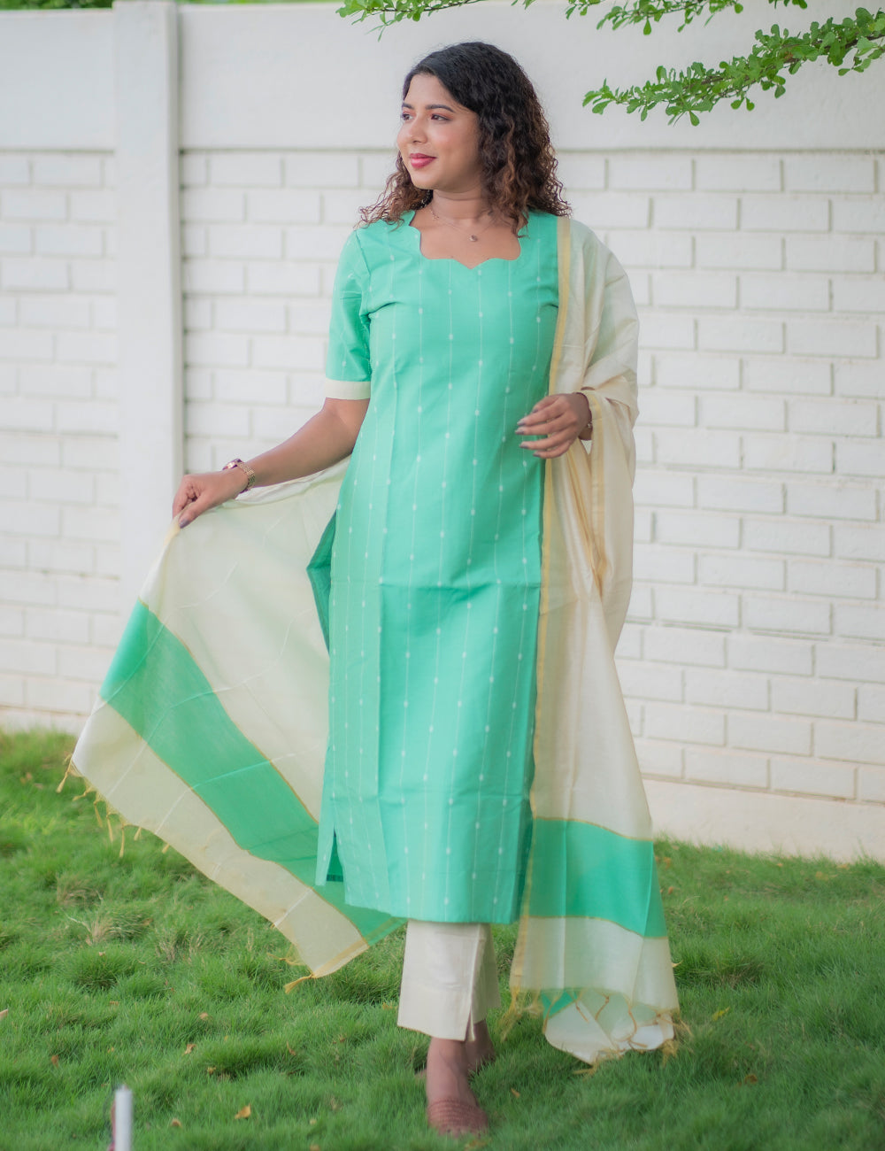 AQUA GREEN RAWSILK INIYA KURTI SET 3 PCS