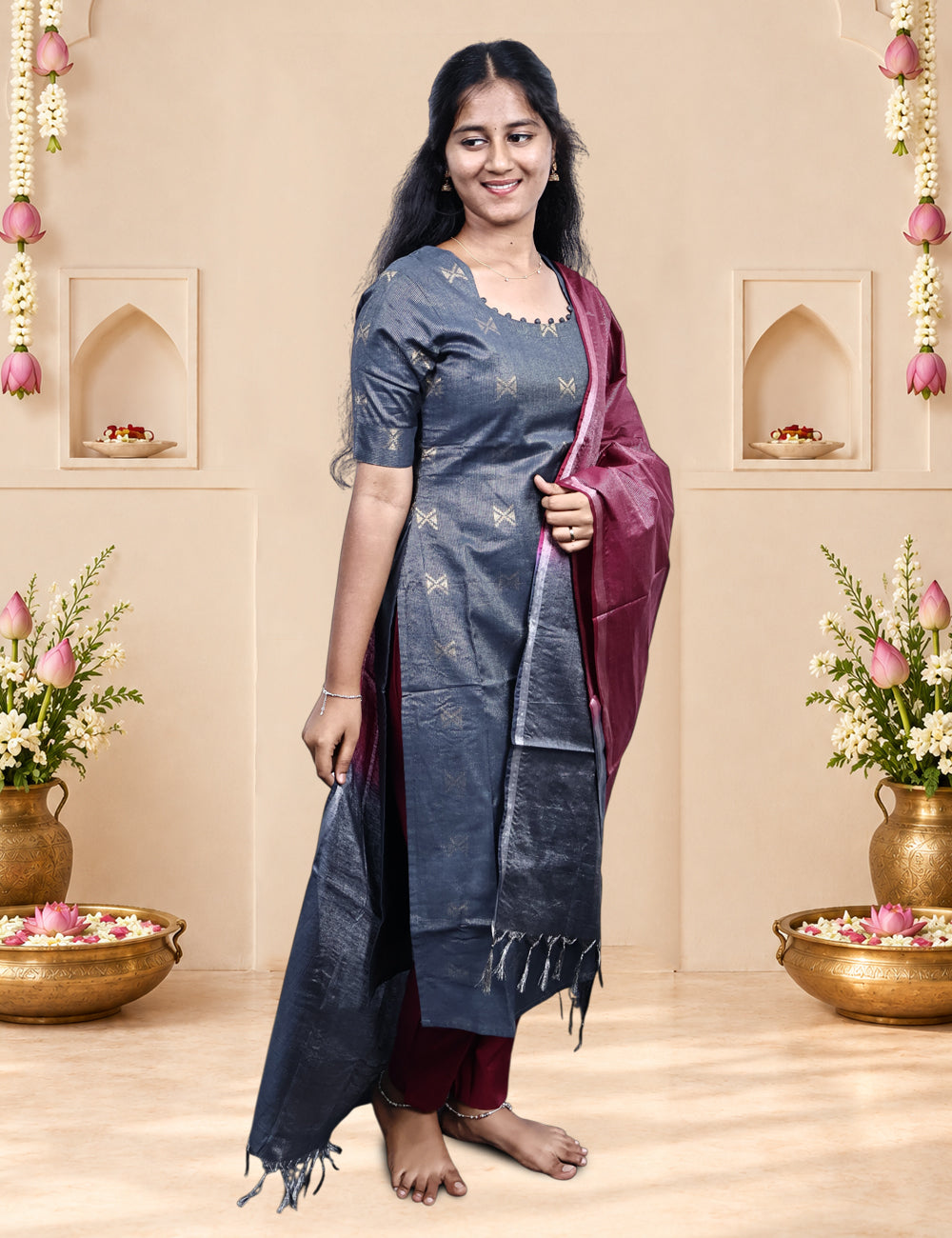 Charcoal / Maroon Tissue Banaras Kurti Set