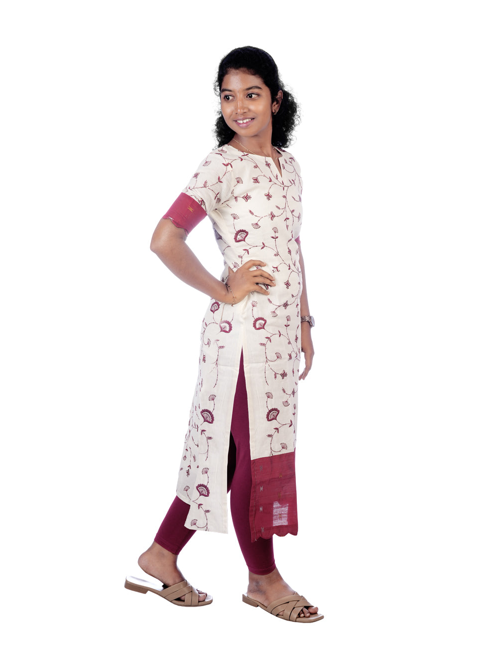 OFF-WHITE WITH MARRON EMBROIDERED TISHA ETHNIC KURTI
