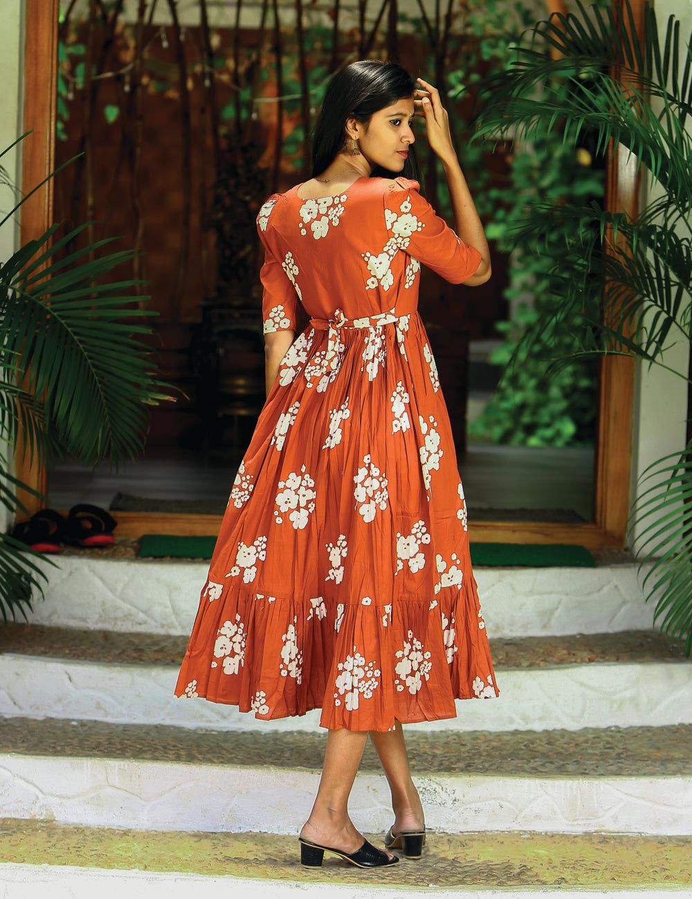 Rust Floral Casual Cotton Maxi Dress for Women | Summer Daily wear  | Beanzbery Myra