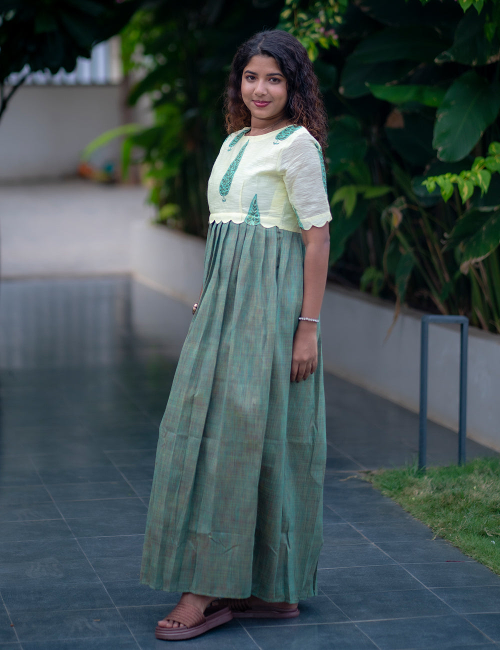 GREEN MELANGE SLUBSILK WITH IVORY CHANDERI SILK ZARA FULL FROCK