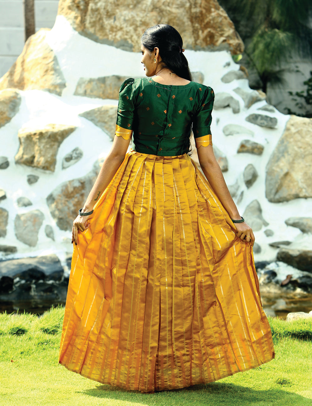 Mustard Green Ethnic Skirt & Blouse Set for Women | Festive Wedding outfit| Beanzbery Aarini